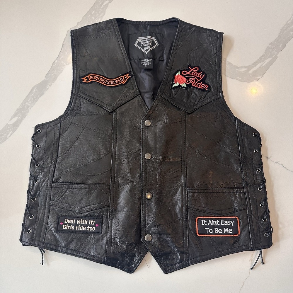 Diamond Plate Leather Women's Motorcycle Vest Sz M Black Lady Rider Rock Patch